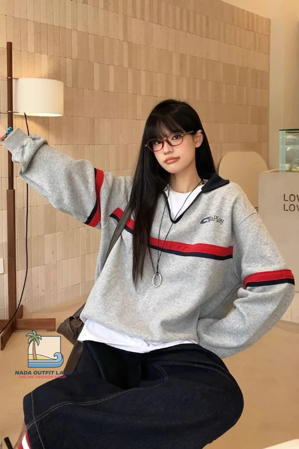 Long Sleeve Grey Striped Pattern Lapel Collar Retro Sweatshirt