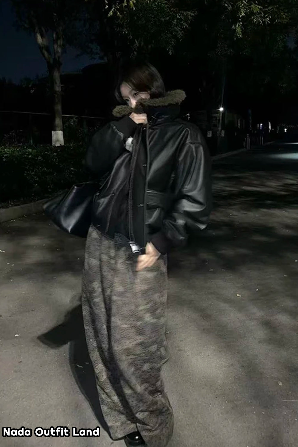 Loose Plush Collar Black Leather Jacket