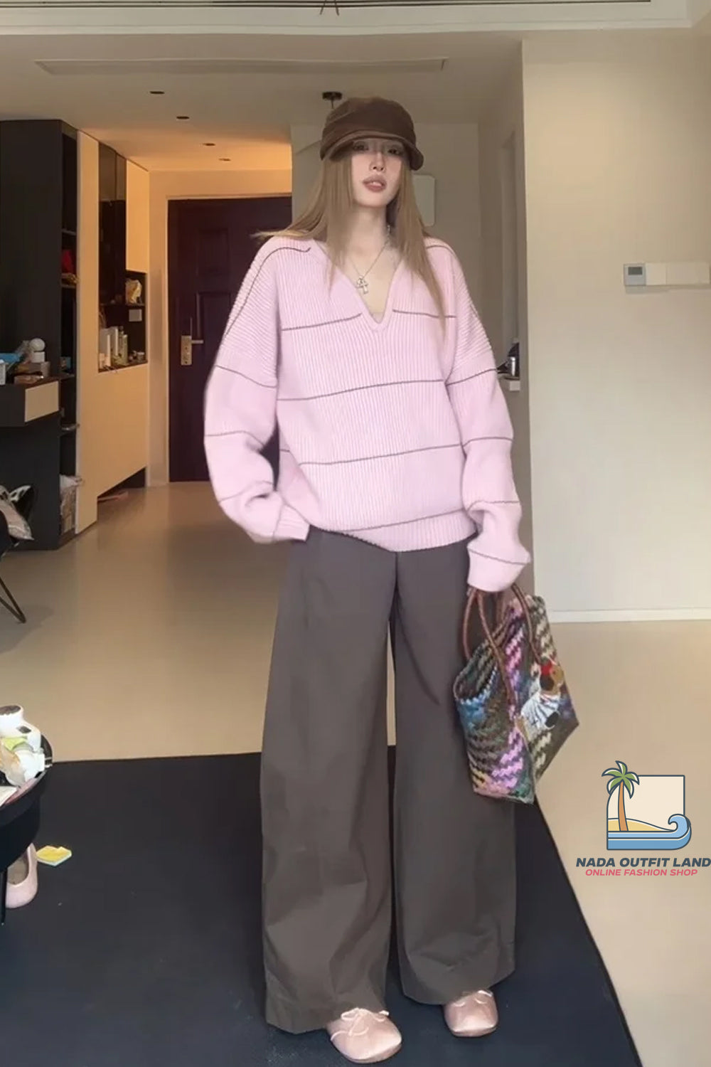 Long Sleeve Sexy V-Neck Striped Pink Knitted Sweater