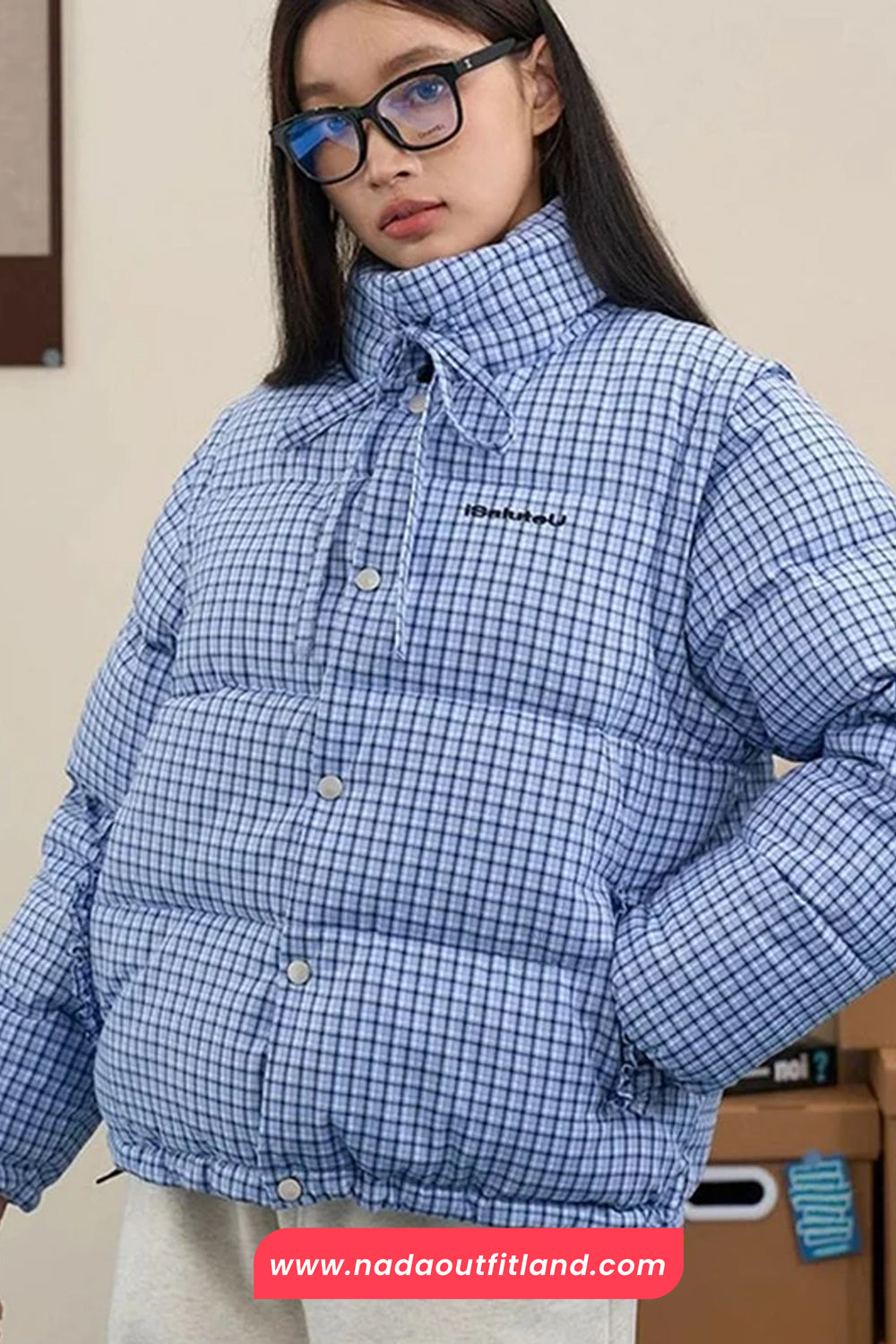 Blue Plaid Pattern Removable Sleeve Parkas Puffy Jacket