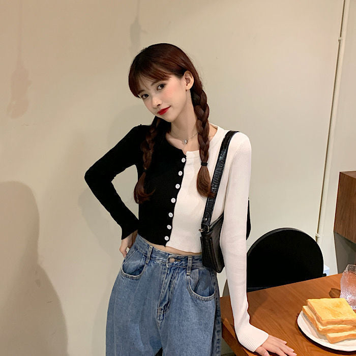 Half Colors Combination Slim Cardigan Sweater
