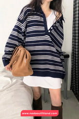 Long Sleeve Vintage Knitted Striped Button Sweater