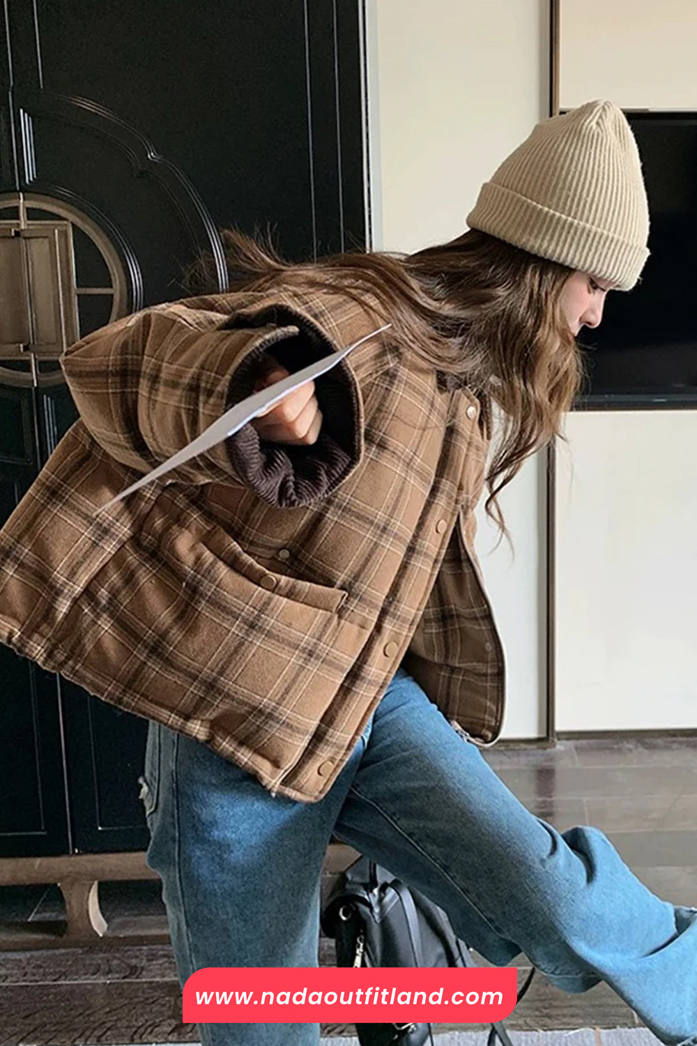 Long Sleeve Turn Down Collar Retro Plaid Thick Jacket