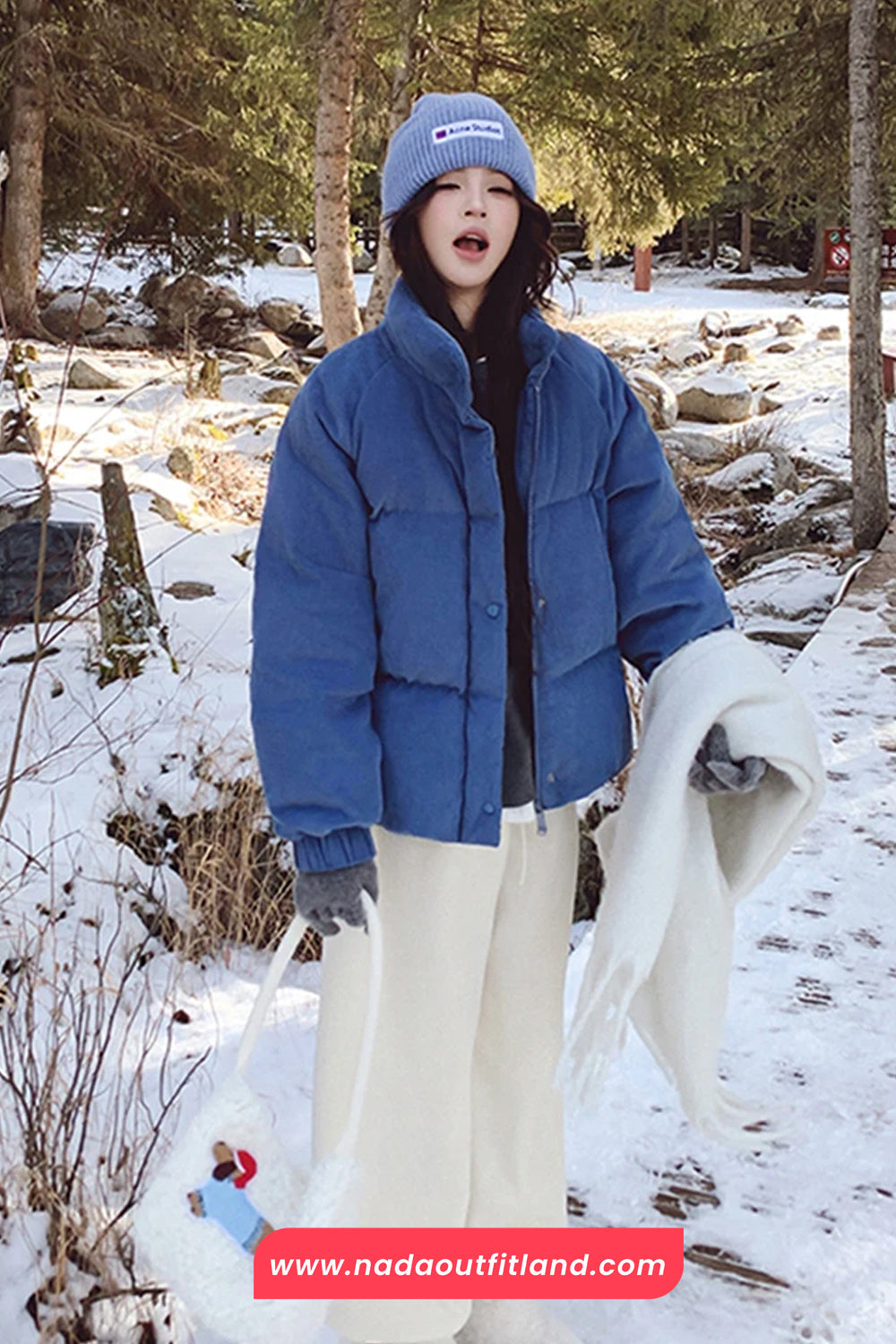 Vintage Blue Stand Collar Puffer Coat Jacket