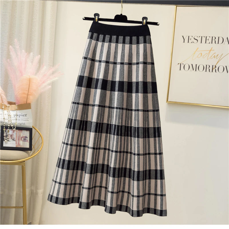 Vintage Plaid Elegant Knitted Long Skirts