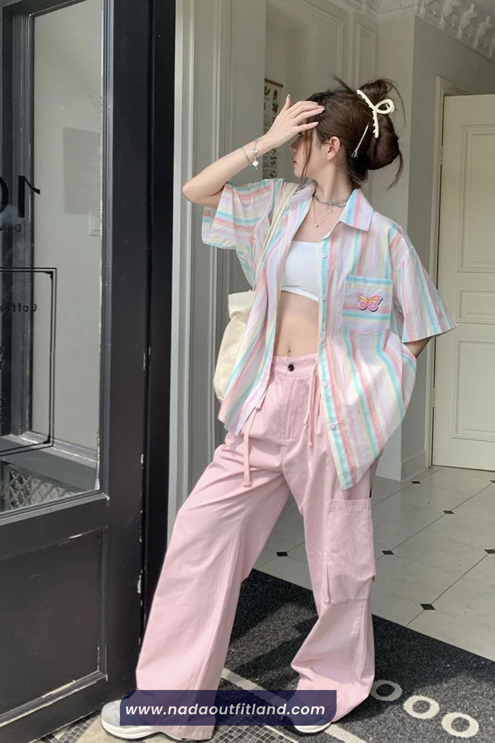 Short Sleeve Butterfly Pocket Pattern Pastel Striped Colors Blouse Shirt