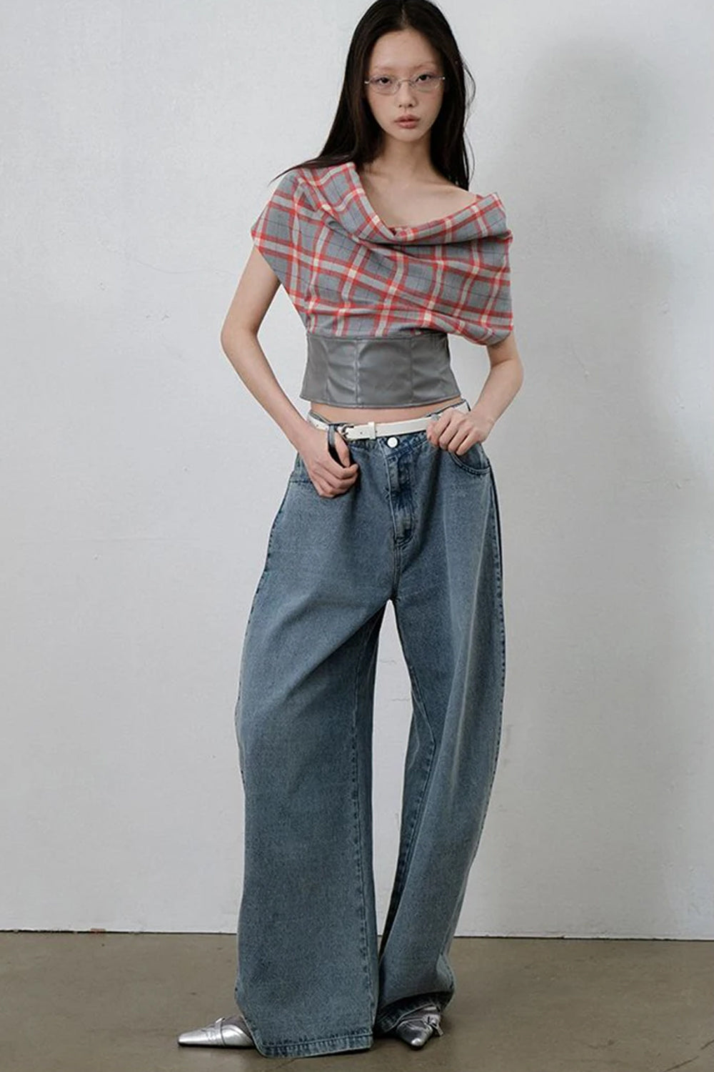 Sexy Plaid Patchwork Backless Leather Crop Tops