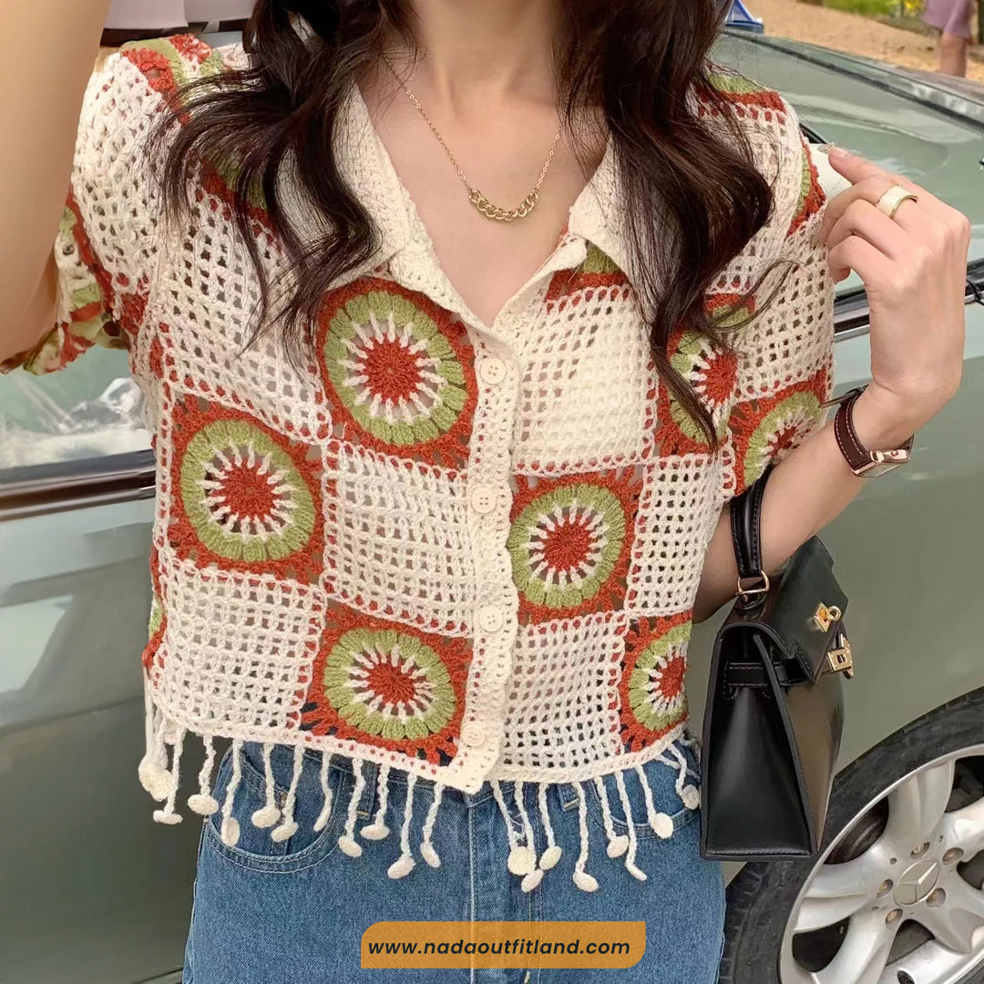 Short Sleeve Turn Down Collar Flower Pattern Crochet Shirts
