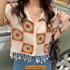 Short Sleeve Turn Down Collar Flower Pattern Crochet Shirts