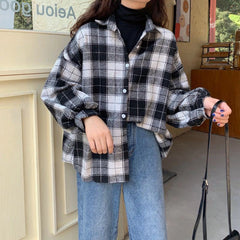 Loose Long Sleeve Button Plaid Blouse Shirt