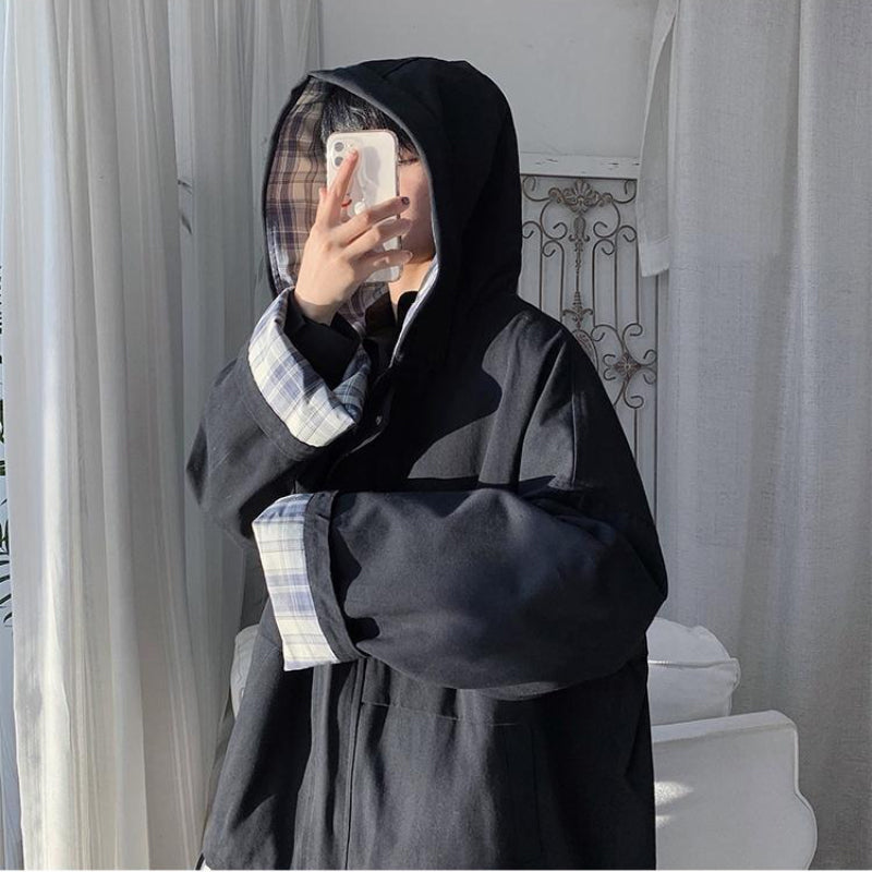 Loose Plaid Side Zipper Hooded Jacket