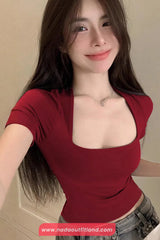 Short Sleeve Sexy U-Neck Cropped Slim Shirts
