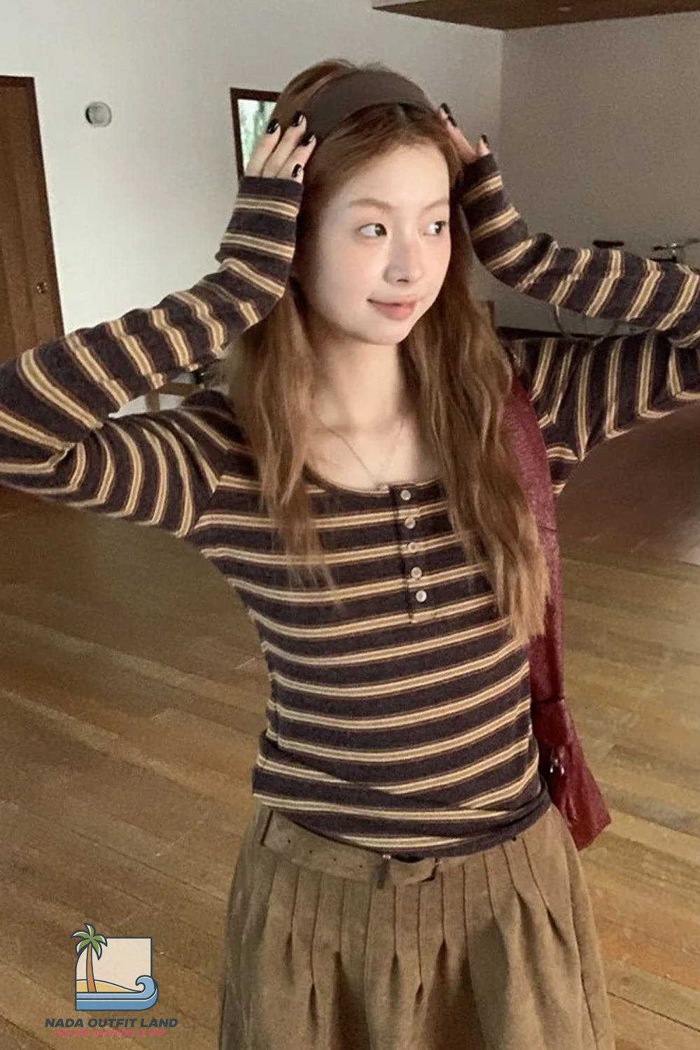 Long Sleeve U-Neck Retro Striped Shirt
