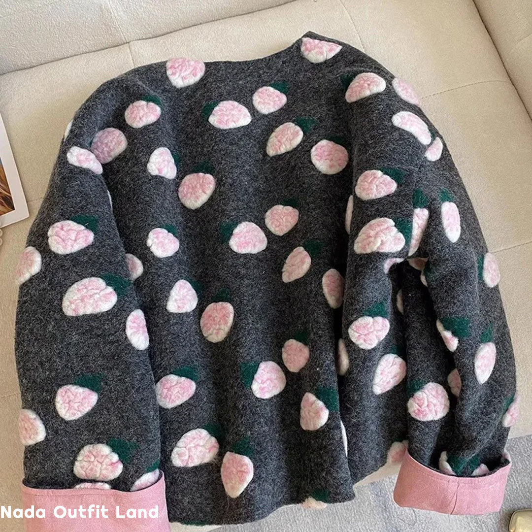 Long Sleeve Elegant 3D Floral Faux Woolen Coat Jacket