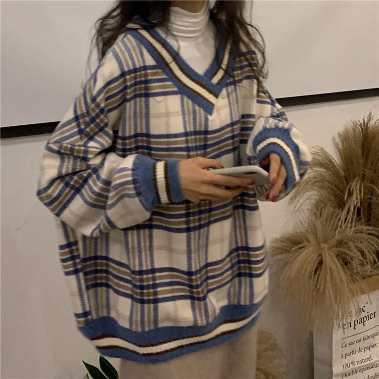 Classic V-Neck Plaid Knitted Loose Sweater