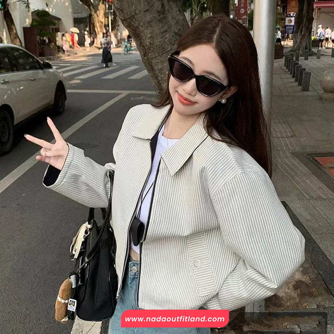 Long Sleeve Double Sided Striped Turn Down Collar Jacket