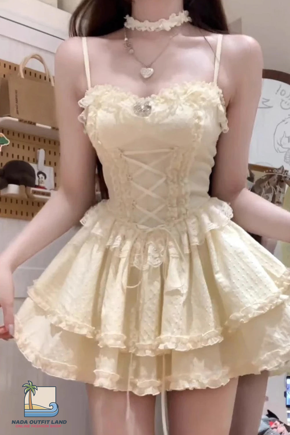 Sexy Cute Ruffled Lace Yellow Mini Dress