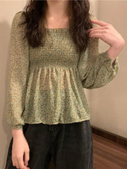 Long Lantern Sleeve Square Collar Blouse Shirts
