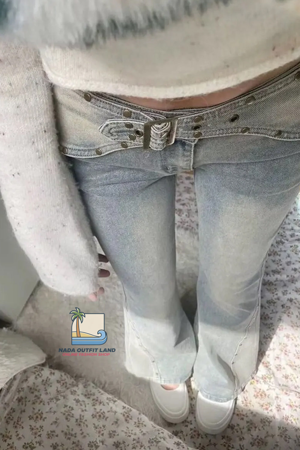 High Waist Rivet Slim Flare Grey Denim Pants