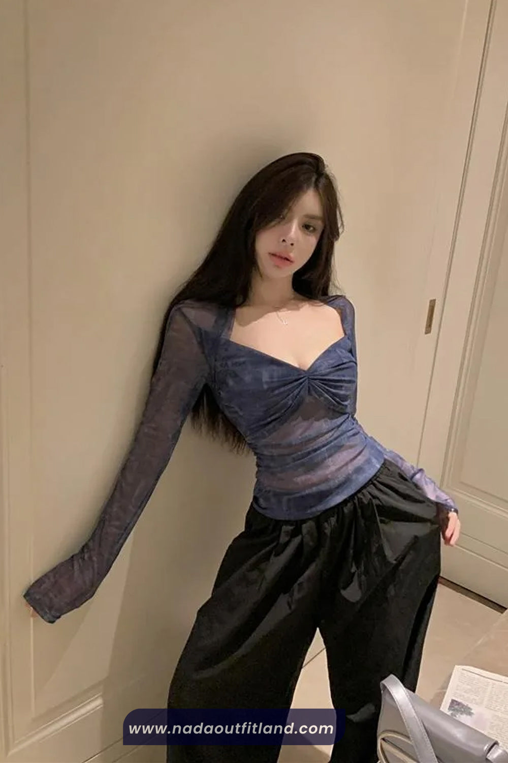 Long Sleeve V-Neck Grunge Ruched Mesh Shirt
