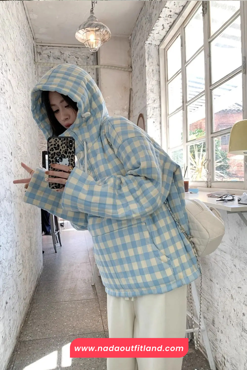 Long Sleeve Blue Plaid Hooded Puffer Coat Jacket