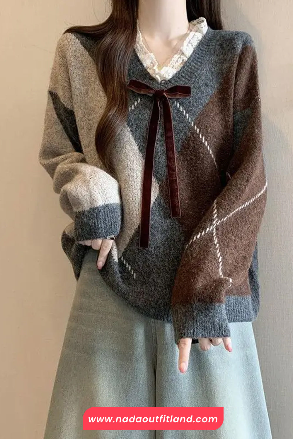 Long Sleeve V-Neck Lace Spliced Argyle Sweater