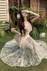 Sexy Spaghetti Strap Floral Lace Bodycon Long Dress