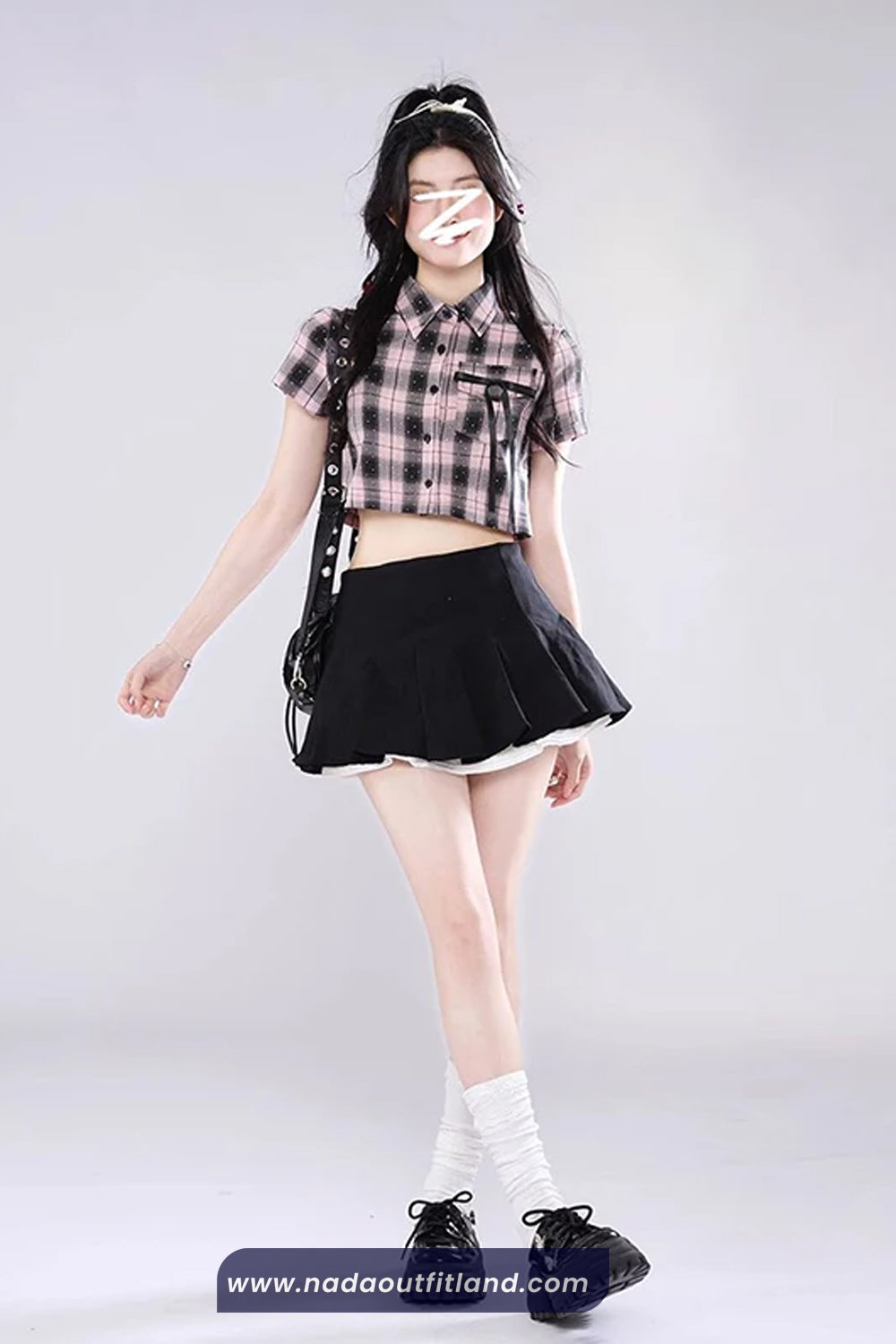 Short Sleeve Pink Plaid Cropped Blouse Shirt