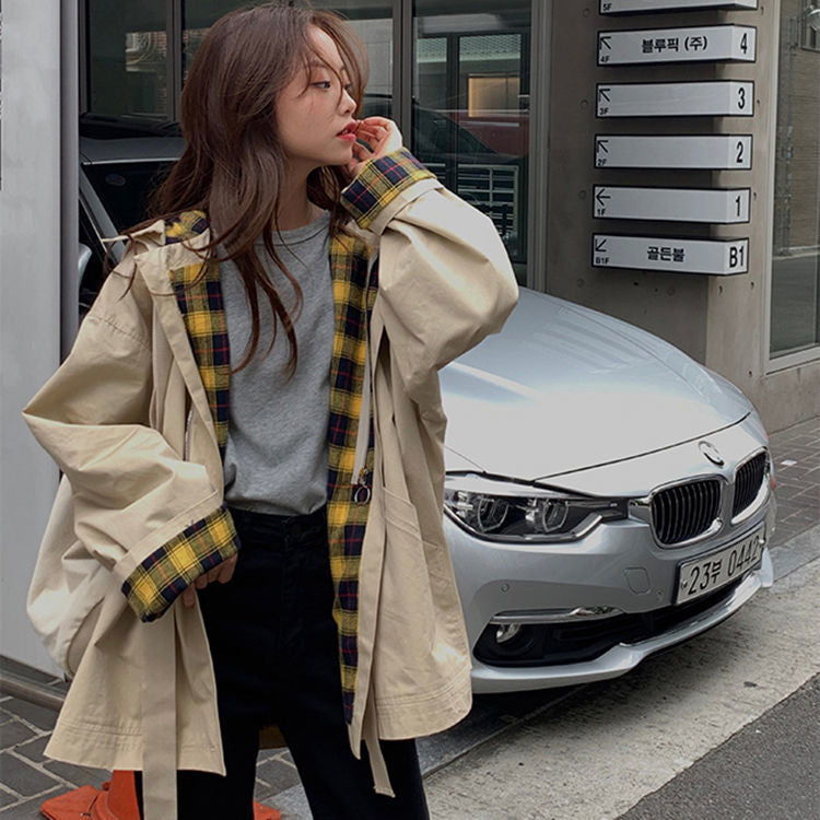 Plaid Adjustable Hooded Trench Jacket