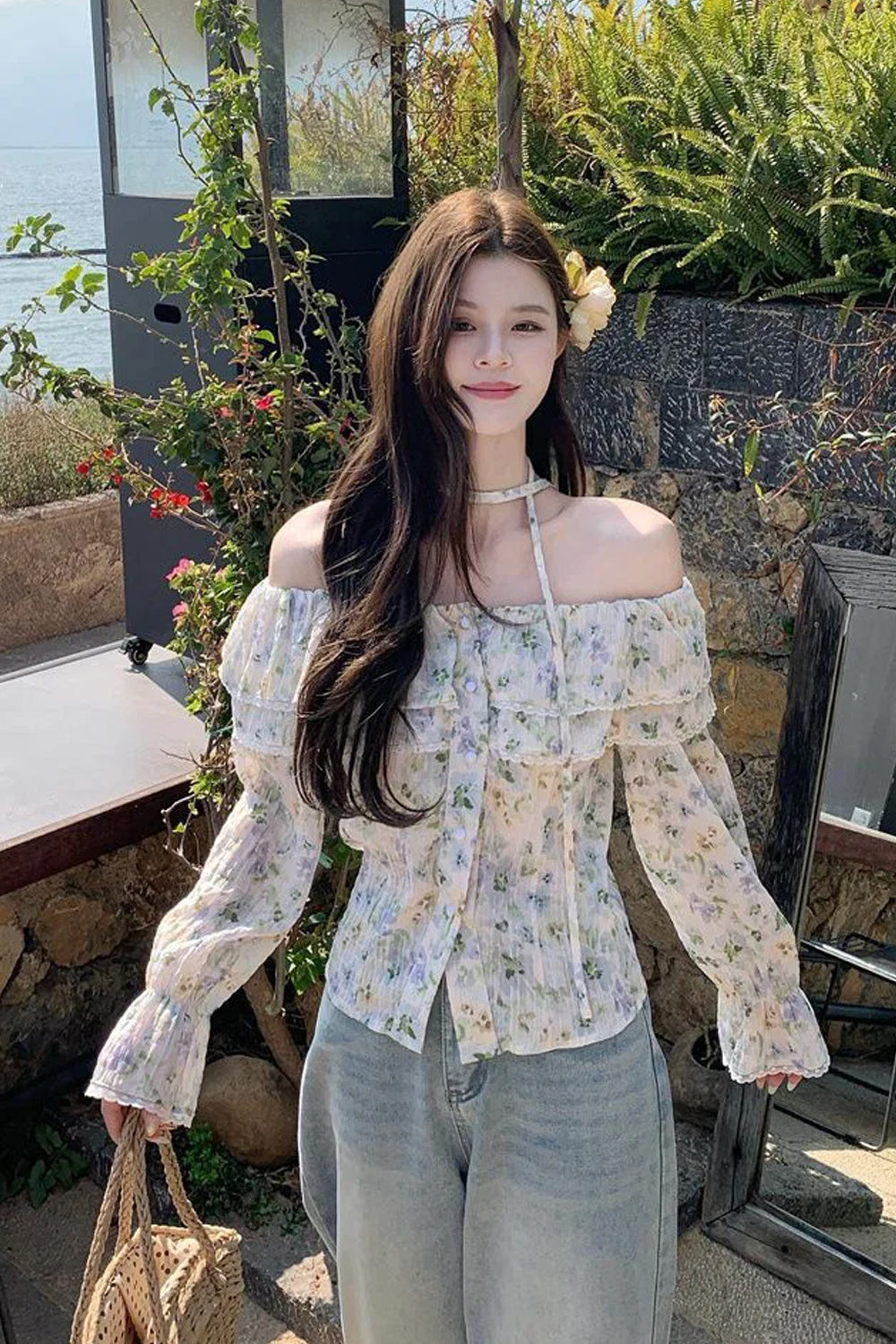 Long Sleeve Sexy Slash Neck Elegant Floral Blouse Shirt