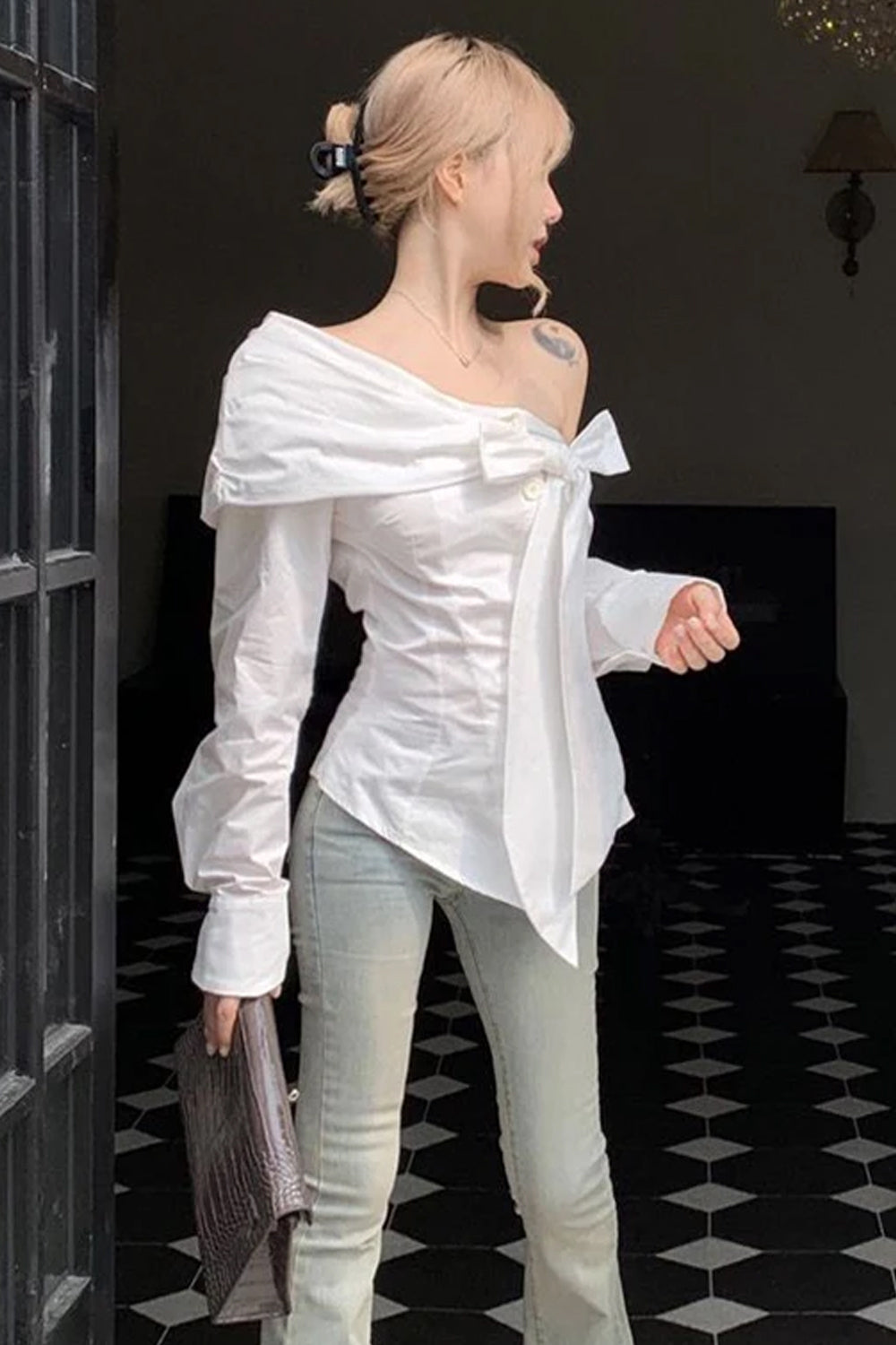 Long Sleeve Bow Bandage Sexy One Shoulder Blouse Shirt