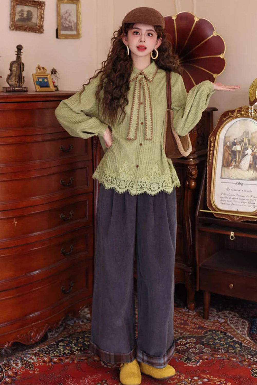 Long Sleeve Vintage Tie Patchwork Lace Blouse Shirt