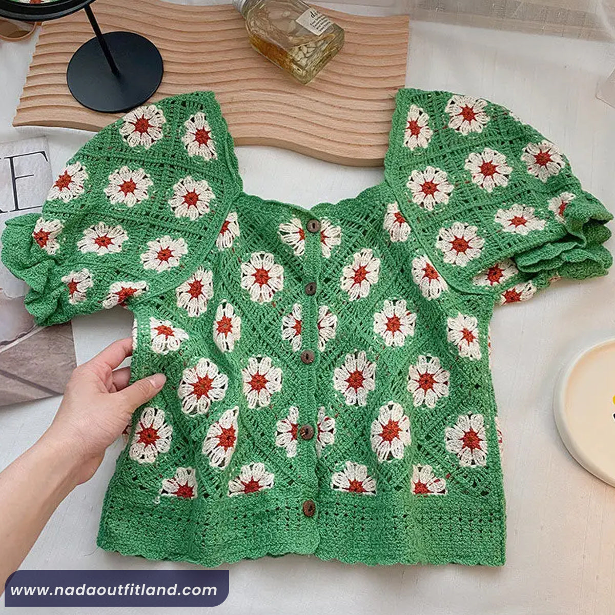 Puff Sleeve Square Collar Knitted Crochet Shirt