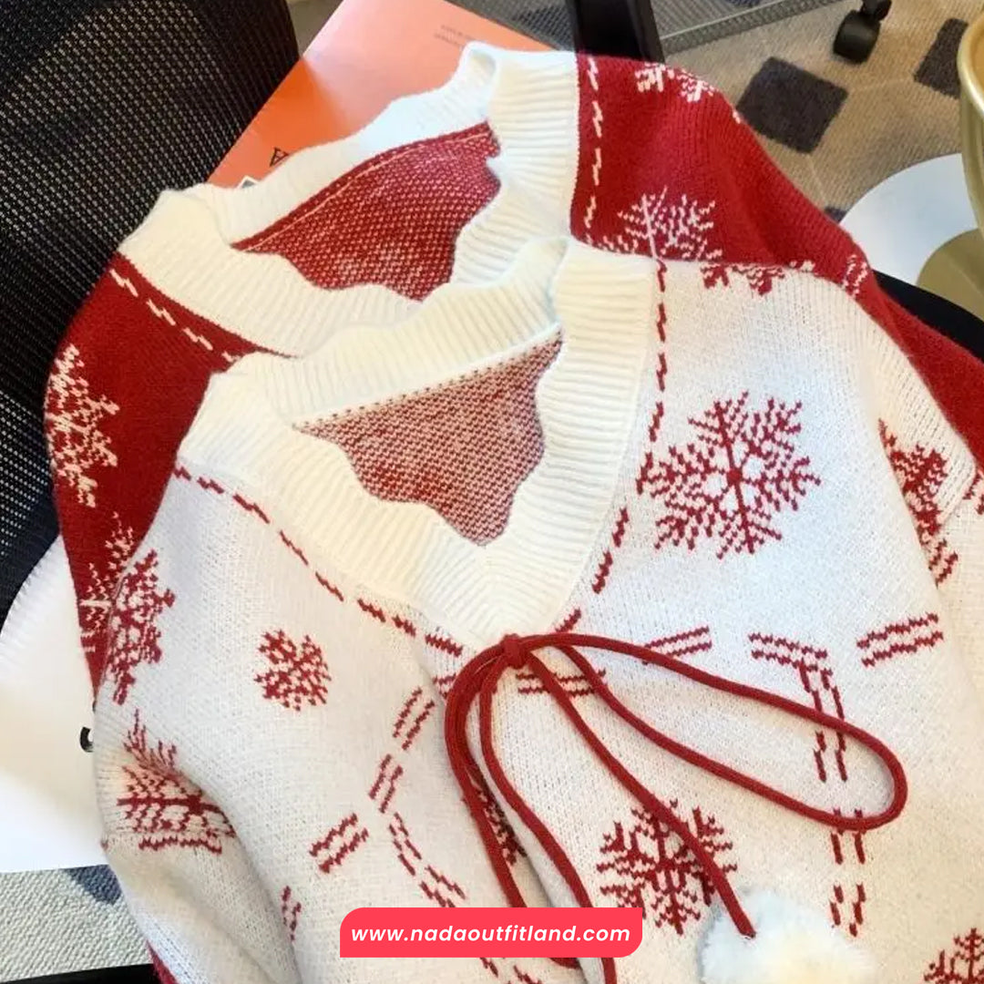 Long Sleeve Christmas Theme Pattern V-Neck Sweater