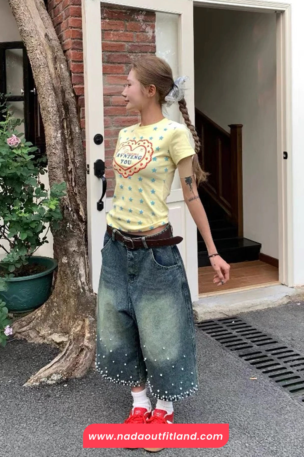 High Waist Knee Length Pearls Beading Jeans Pants