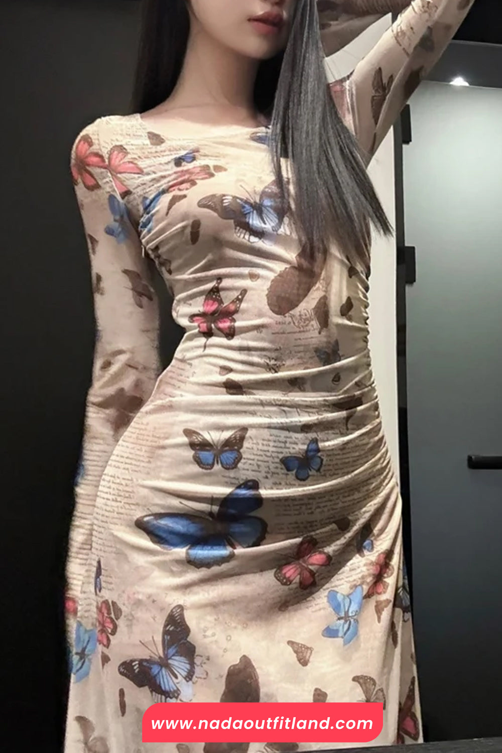 Long Sleeve Butterfly Pattern Sexy Slim Dress