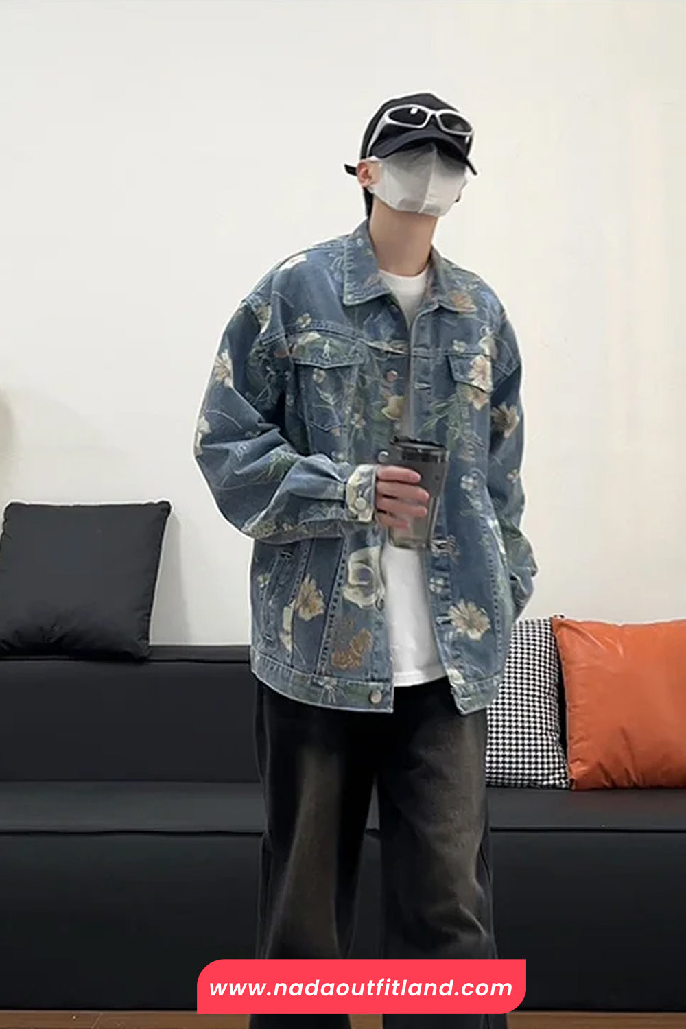 Long Sleeve Retro Flowers Pattern Denim Jeans Jacket