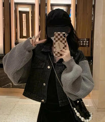 Casual Denim Knitted Combination Cropped Sweater
