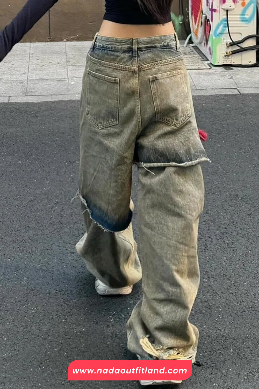 High Waist Stitching Hole Ripped Washed Jeans Pants