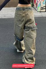 High Waist Stitching Hole Ripped Washed Jeans Pants