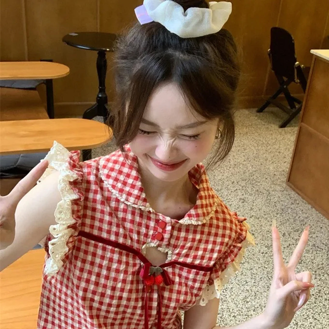 Sleeveless Plaid Pattern Cute Lace Shirt