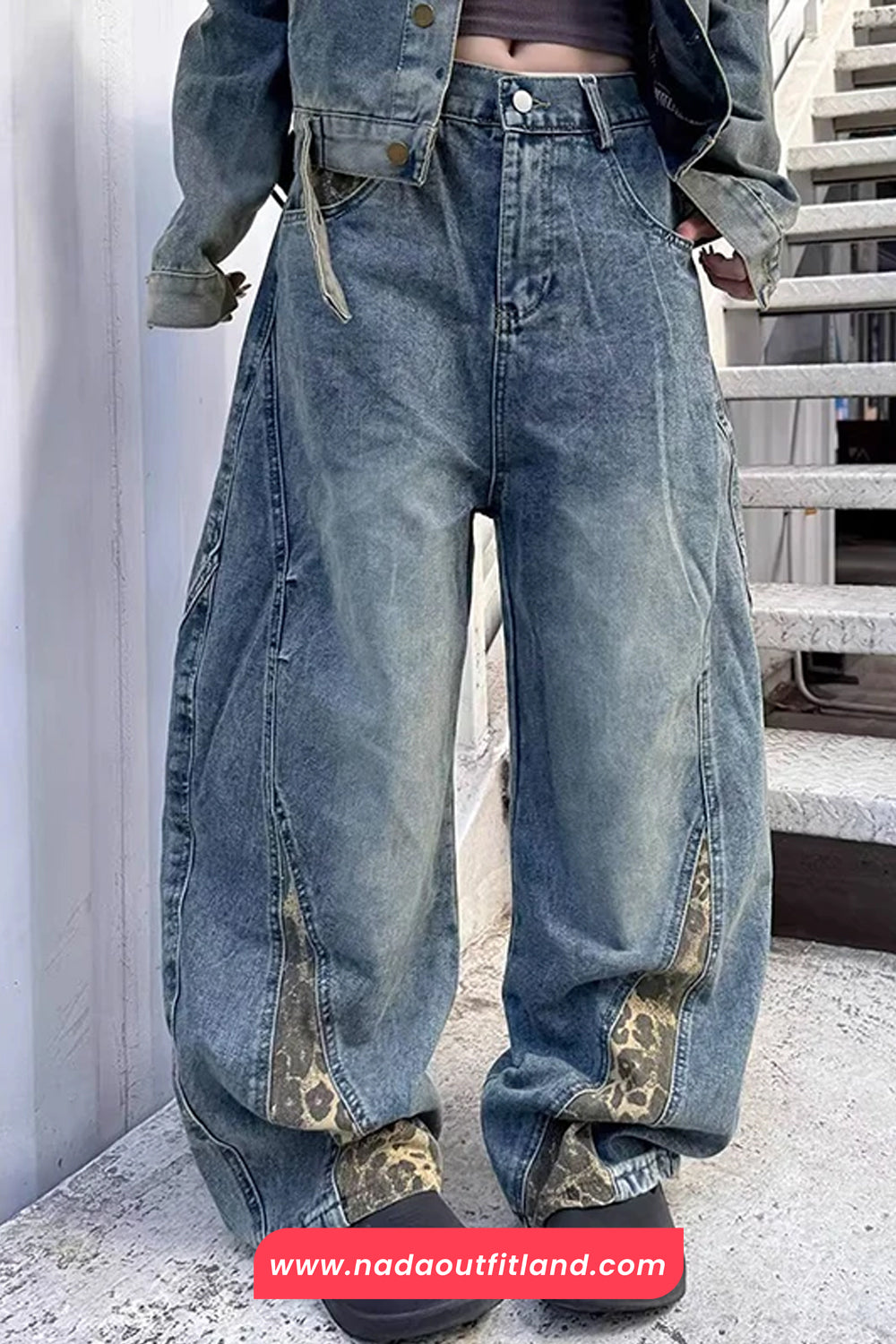 Loose Leopard Patchwork Wide Leg Jeans Pants