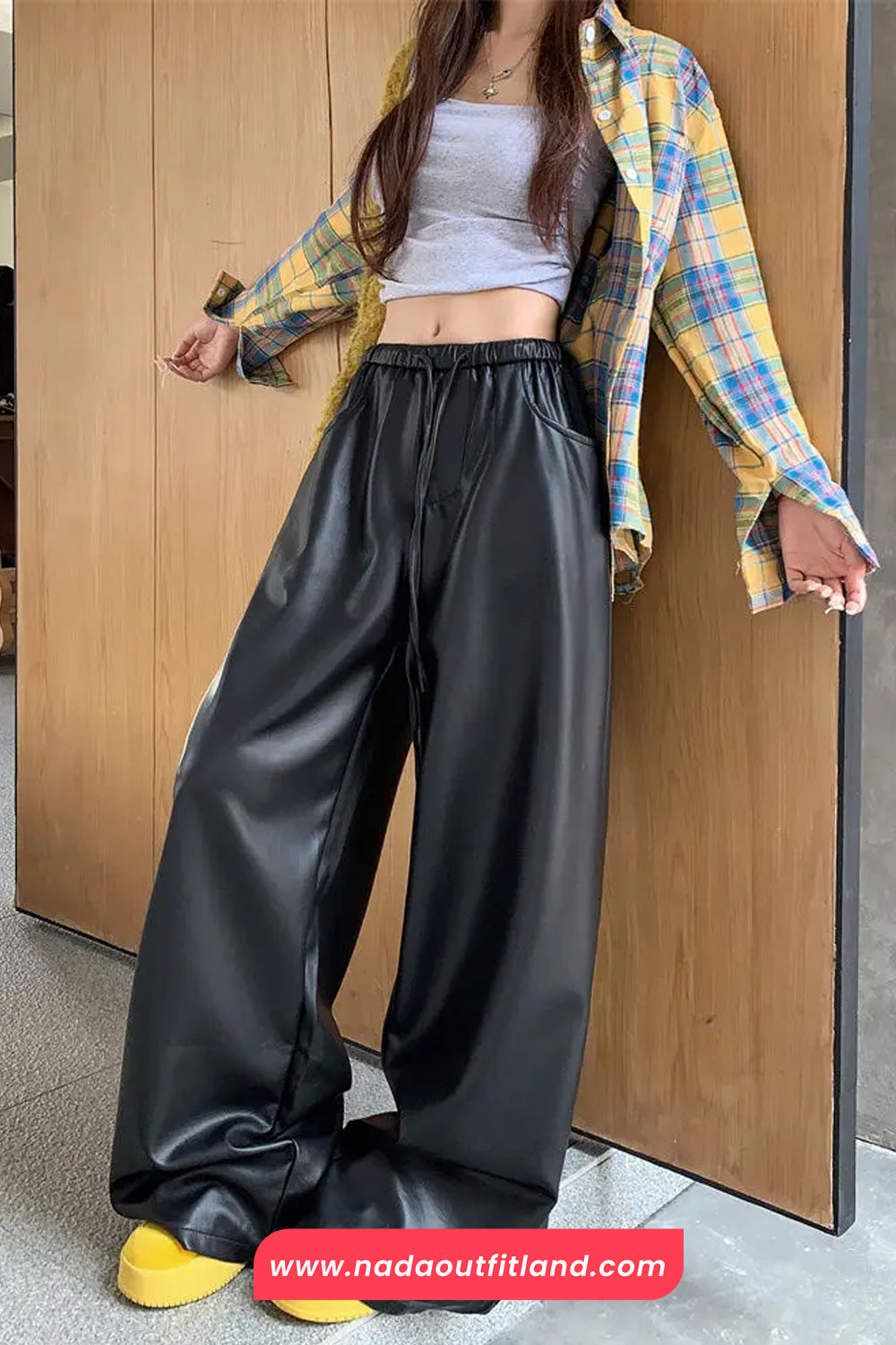 High Waist Loose Elastic Black Leather Women Pants