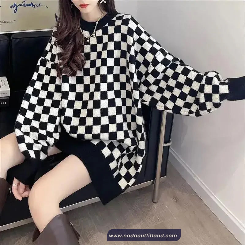Long Sleeve Casual Checkered Pattern O-Neck Sweater
