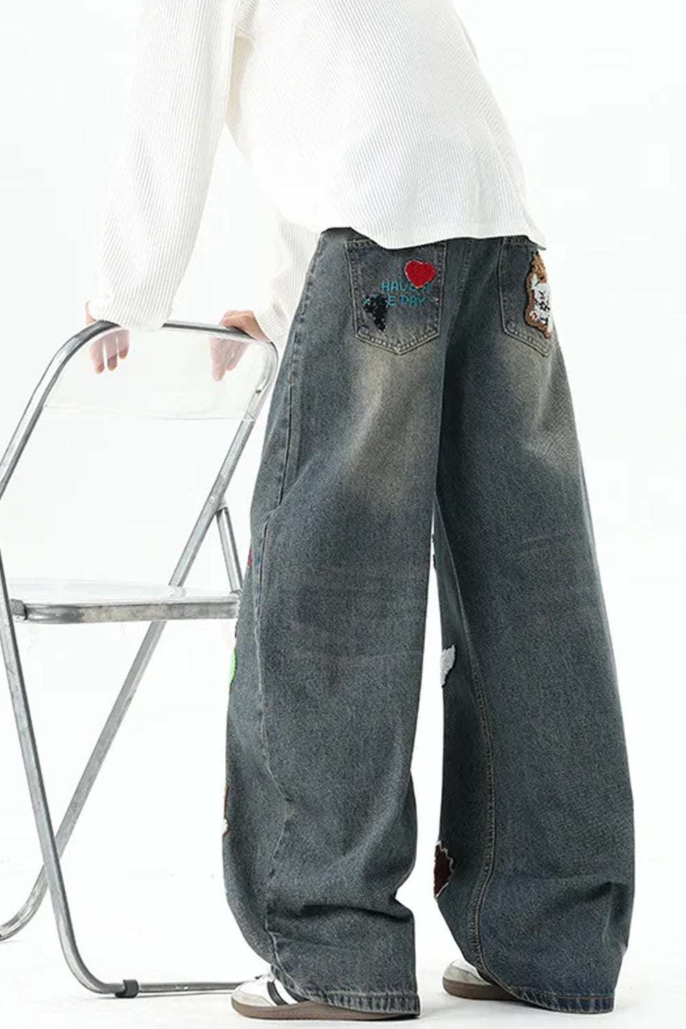 Loose Cartoon Embroidered Hip Hop Jeans Pants