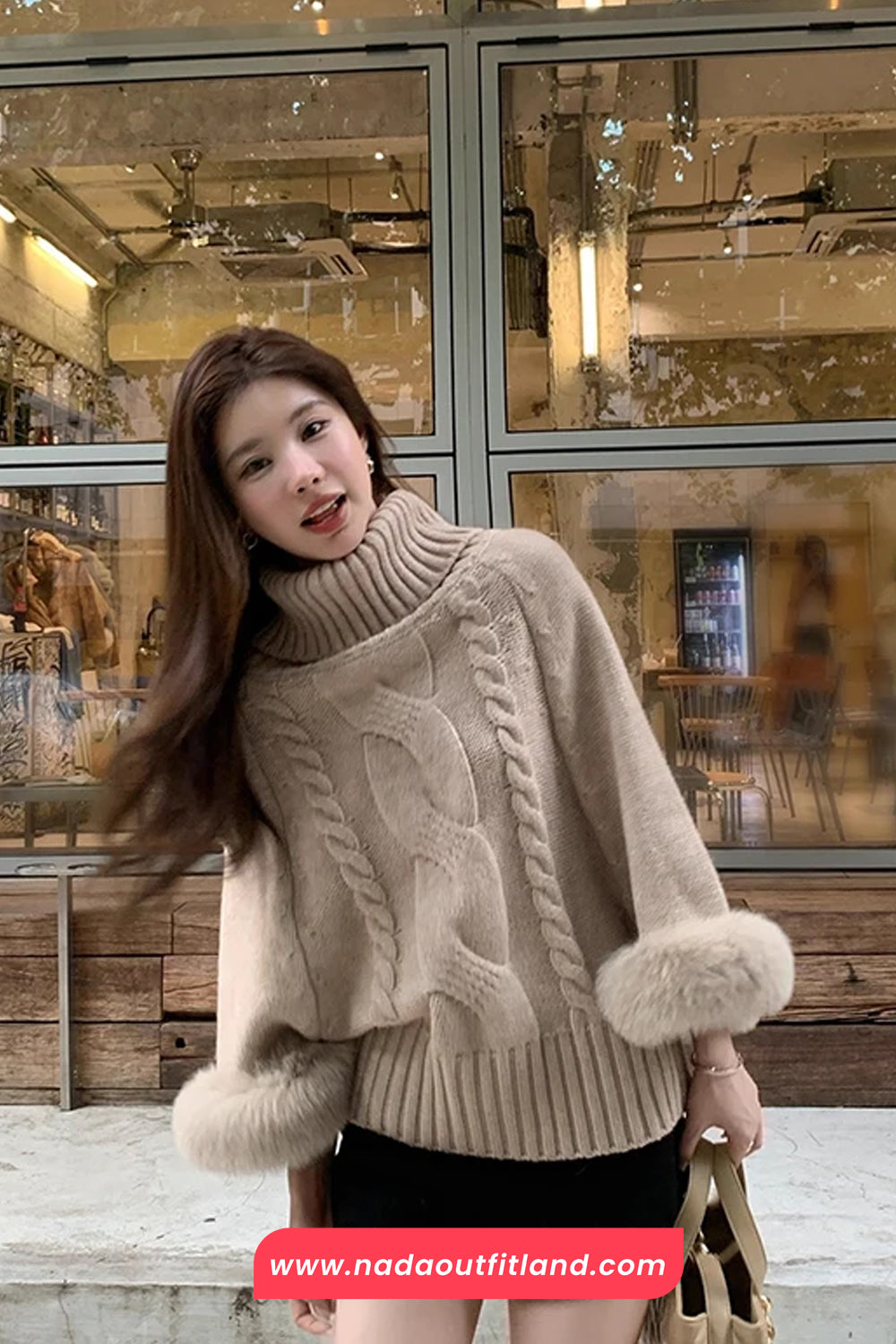Long Sleeve Faux Fur Knitted Off Shoulder Sweater