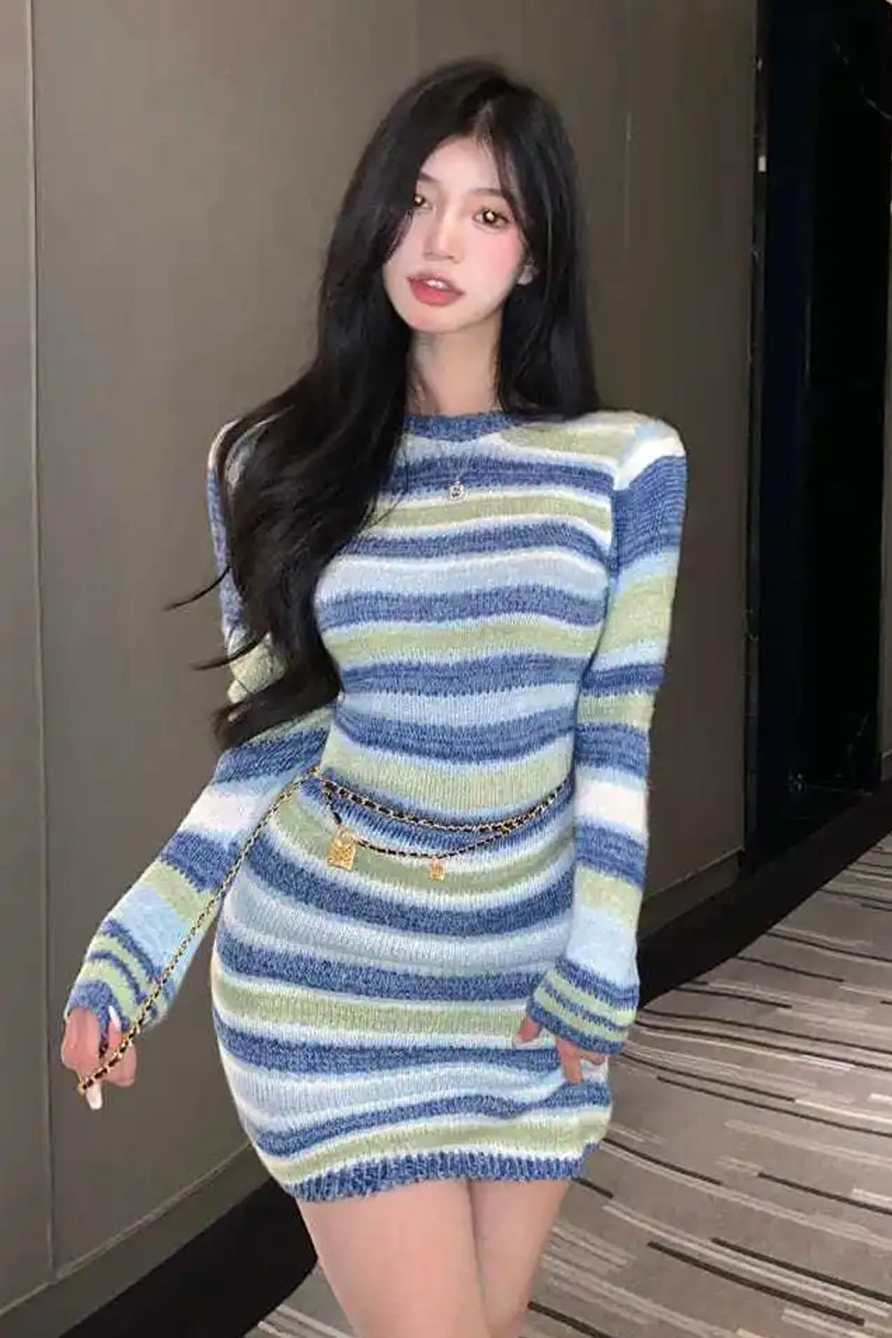 Long Sleeve Striped Knitted Backless Midi Dress