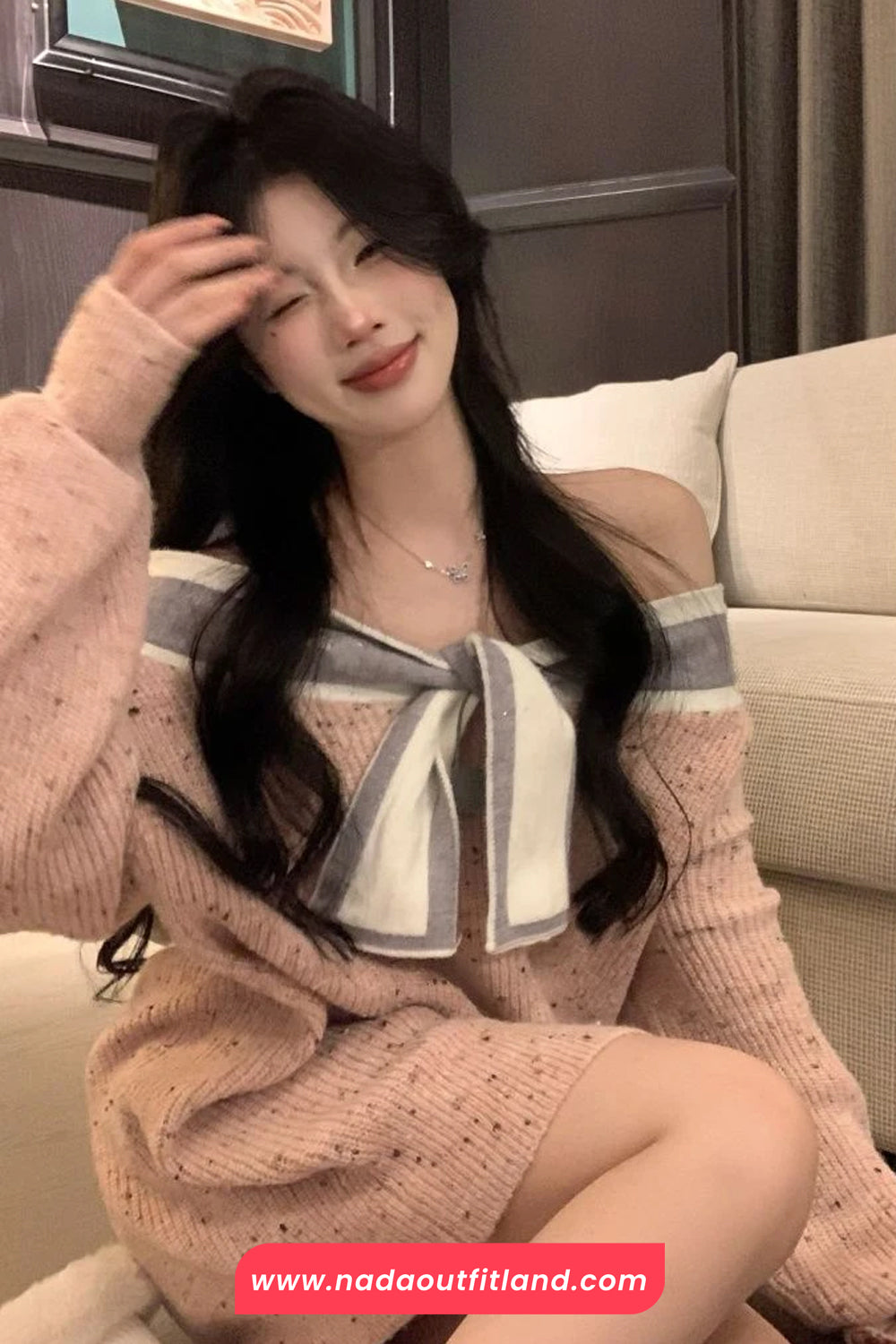 Long Sleeve Off Shoulder Sweet Bow Knitted Sweater