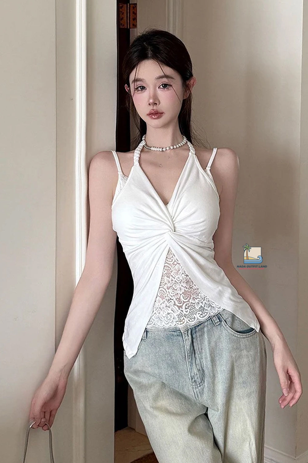 Sexy V-Neck Lace Patchwork Halter Crop Tops