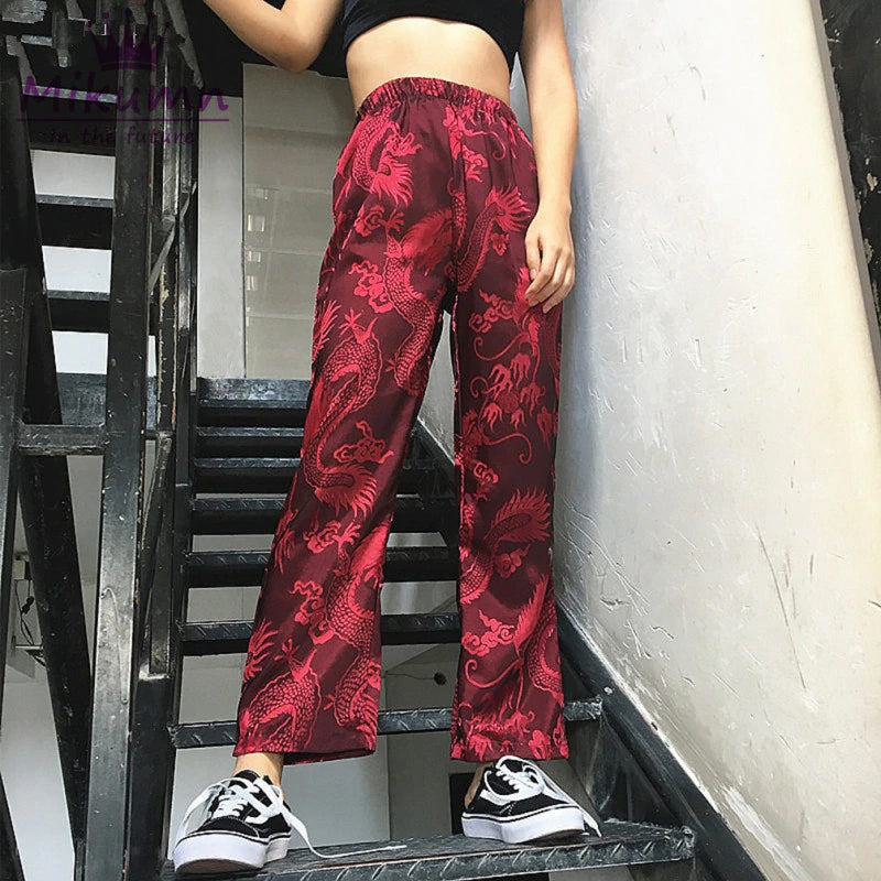 Dragon Embroidery Satin Wide Leg Pants